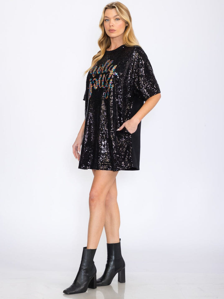 WOMEN'S SHORT SLEEVES POCKETS GRAPHIC TUNIC SEQUINS MINI DRESS