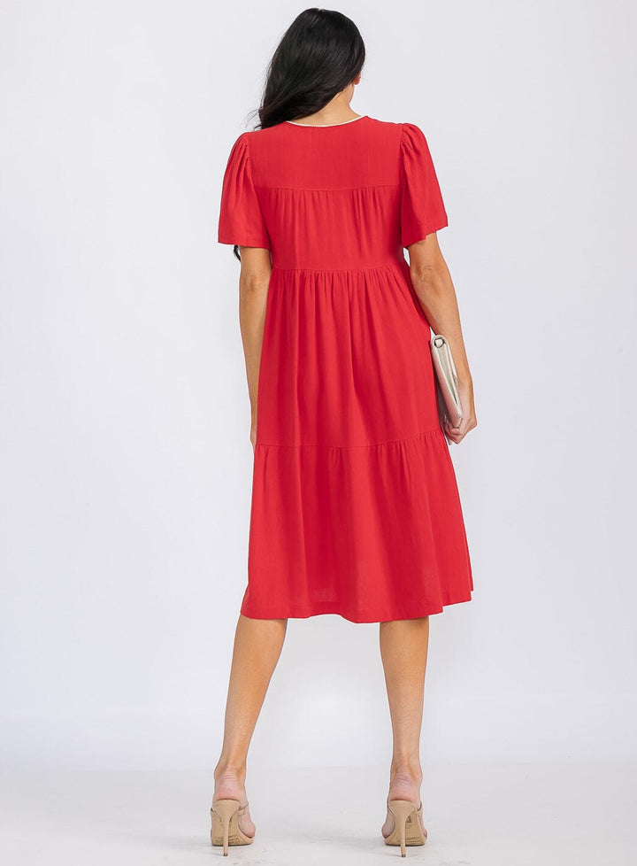 WOMEN'S SHORT SLEEVE V-NECK EMBROIDERY FLORAL TUNIC MIDI DRESS