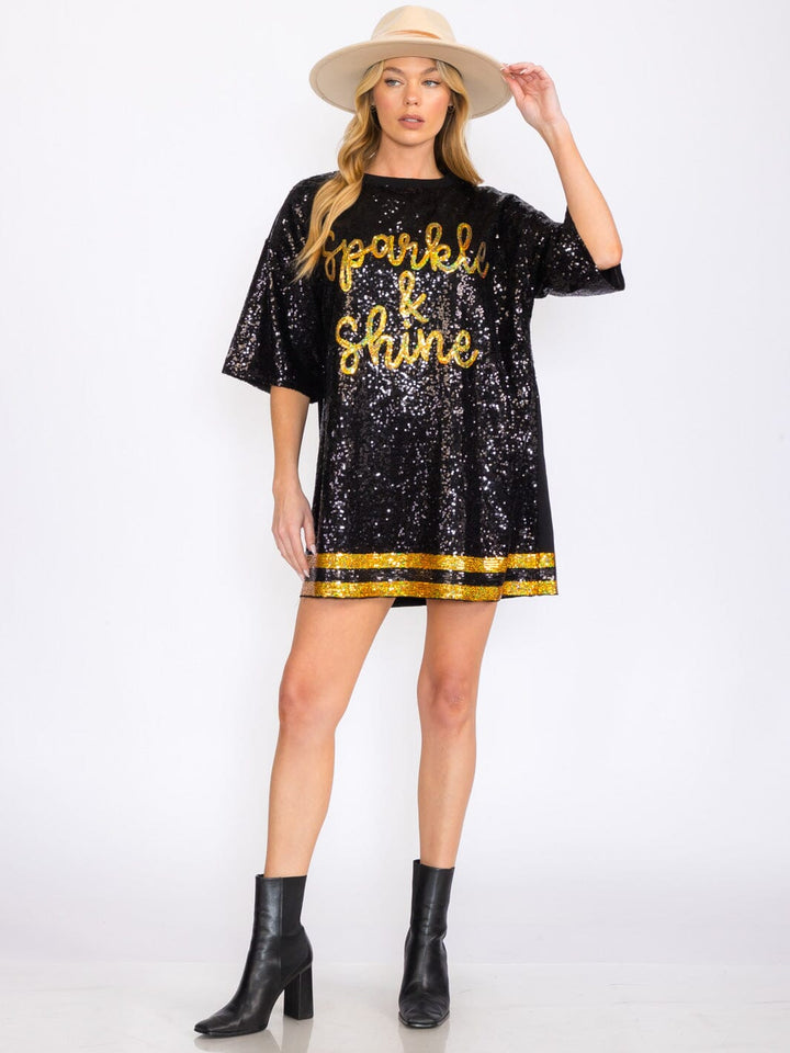 WOMEN'S SHORT SLEEVES GRAPHIC TUNIC SEQUINS MINI DRESS
