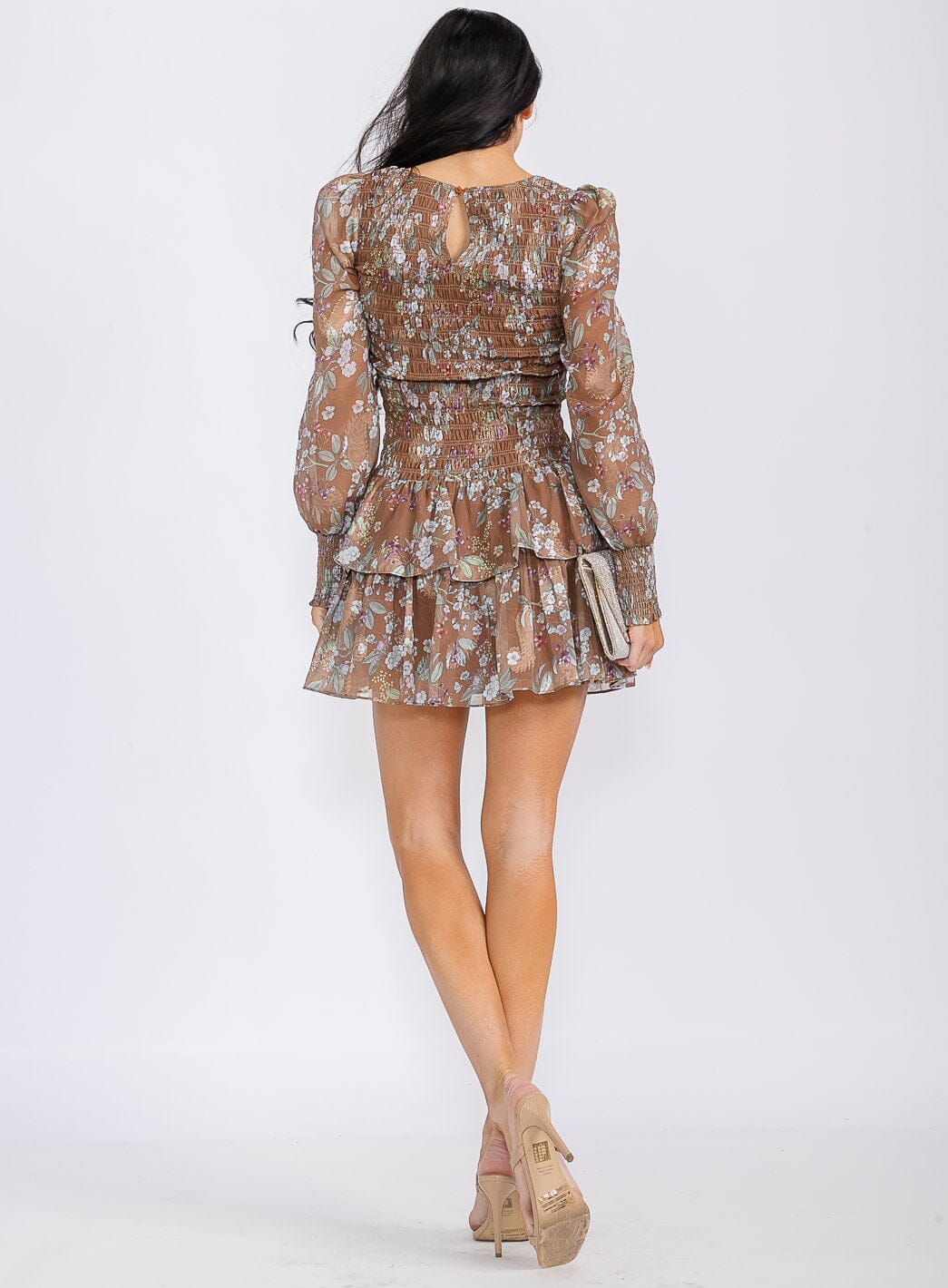 WOMEN'S LONG SLEEVES SQUARE NECK SMOCK FLORAL PRINT MINI DRESS