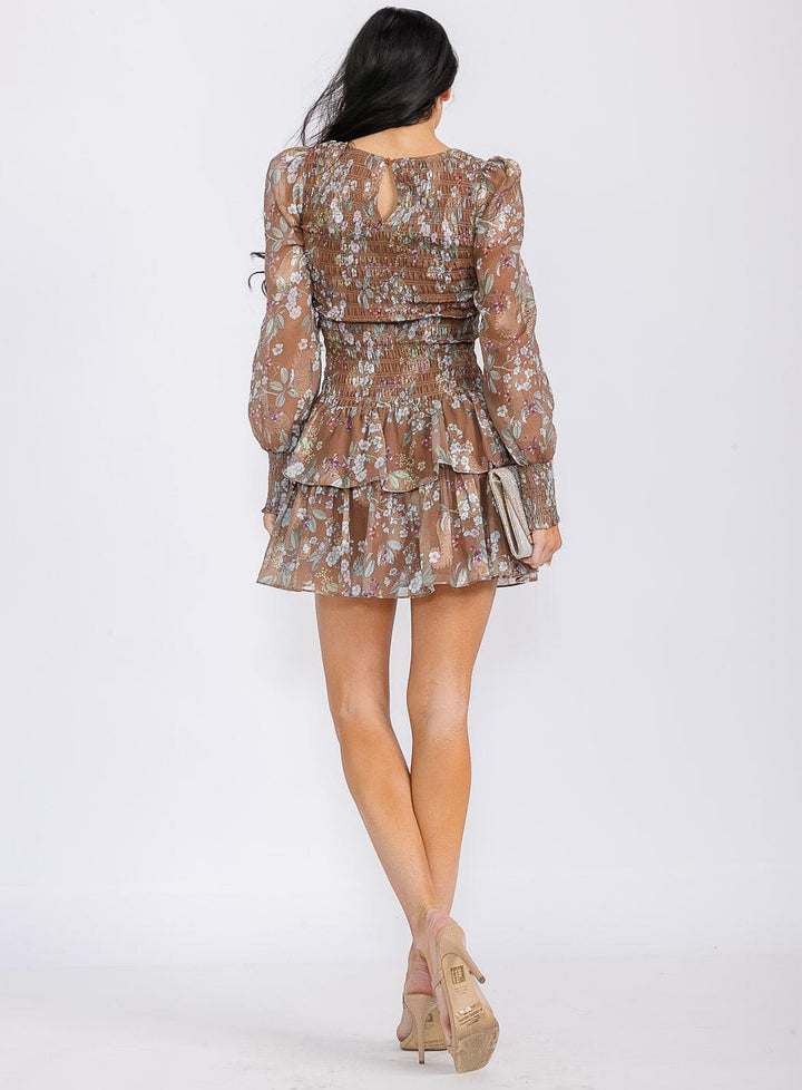 WOMEN'S LONG SLEEVES SQUARE NECK SMOCK FLORAL PRINT MINI DRESS