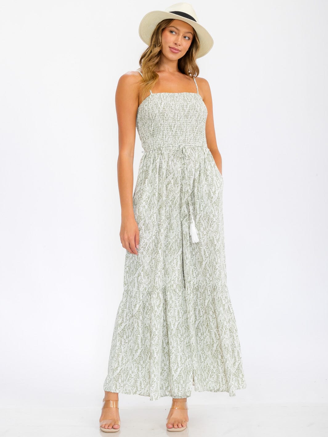 WOMEN'S SLEEVELESS SMOCK POCKETS WIDE LEG LEAF PRINT JUMPSUIT