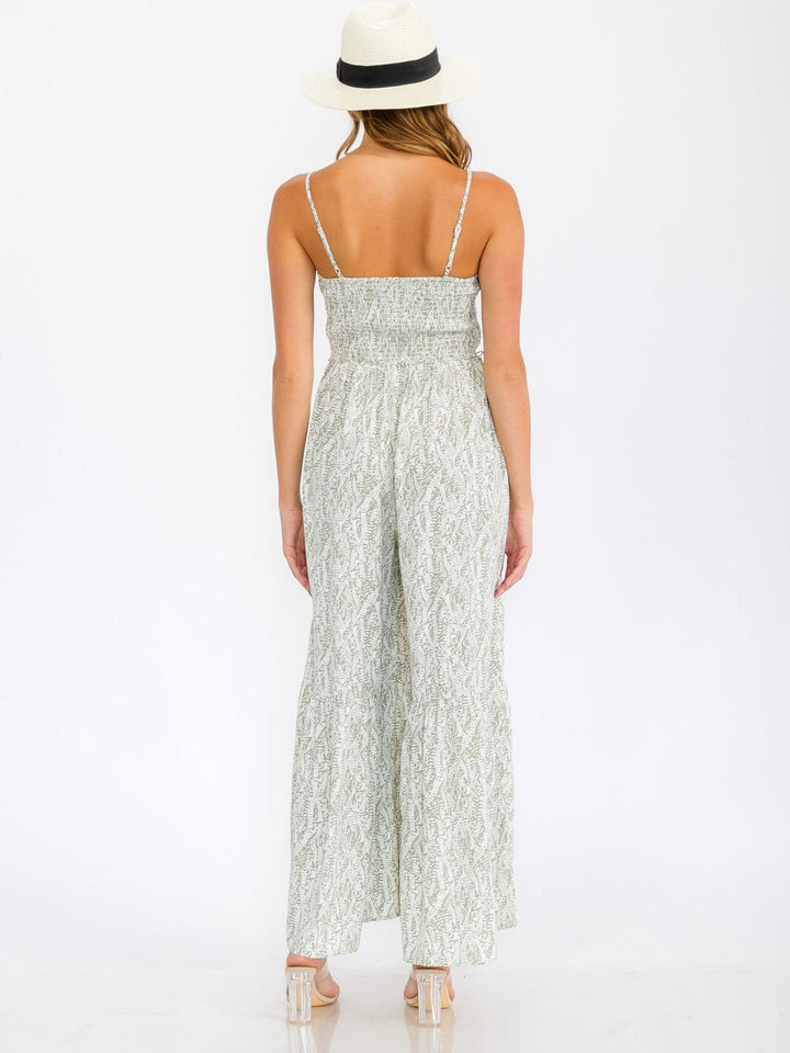 WOMEN'S SLEEVELESS SMOCK POCKETS WIDE LEG LEAF PRINT JUMPSUIT