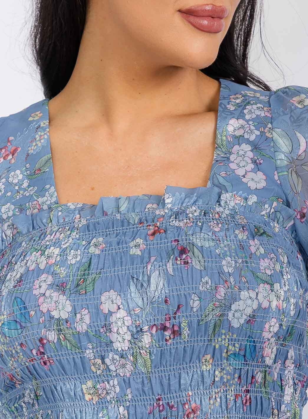 WOMEN'S LONG SLEEVES SQUARE NECK SMOCK FLORAL PRINT MINI DRESS