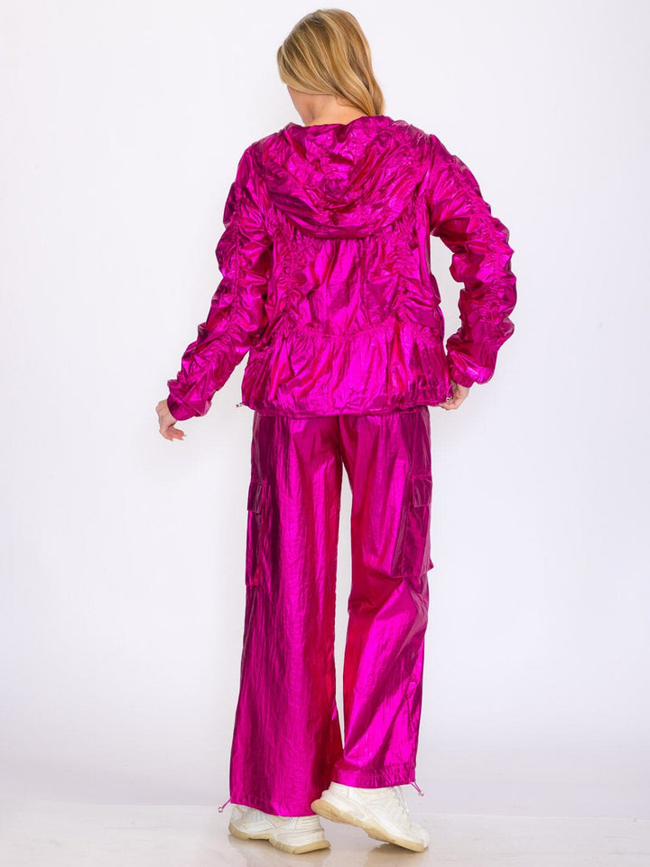 WOMEN'S LONG SLEEVE JACKET & WIDE LEG PANTS METALLIC RUCHED 2PC. SET