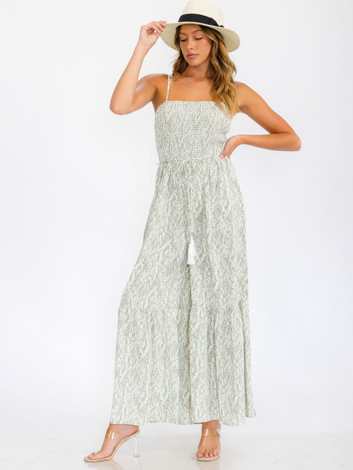 WOMEN'S SLEEVELESS SMOCK POCKETS WIDE LEG LEAF PRINT JUMPSUIT