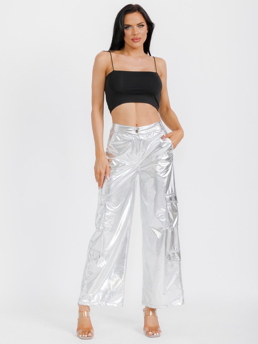 WOMEN'S BUTTON CLOSURE CARGO POCKETS METALLIC WIDE LEG PANTS