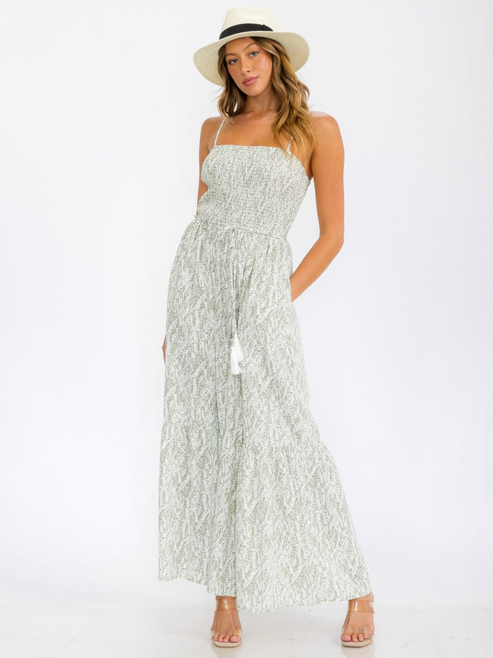 WOMEN'S SLEEVELESS SMOCK POCKETS WIDE LEG LEAF PRINT JUMPSUIT