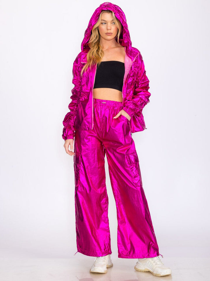 WOMEN'S LONG SLEEVE JACKET & WIDE LEG PANTS METALLIC RUCHED 2PC. SET