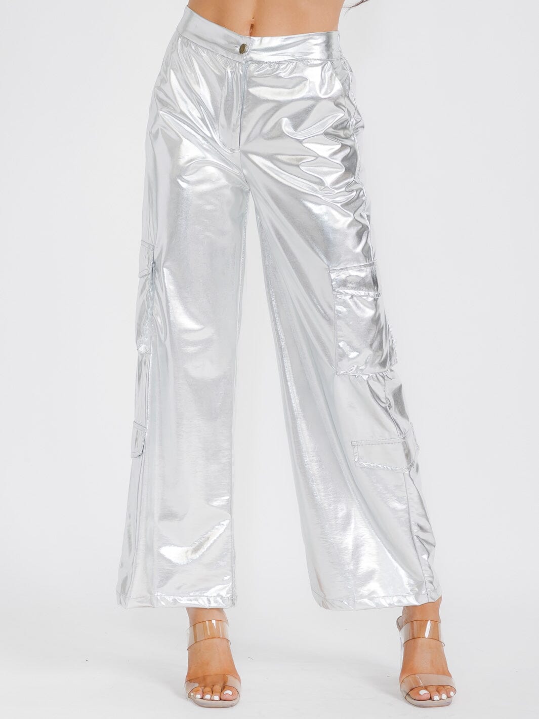 WOMEN'S BUTTON CLOSURE CARGO POCKETS METALLIC WIDE LEG PANTS