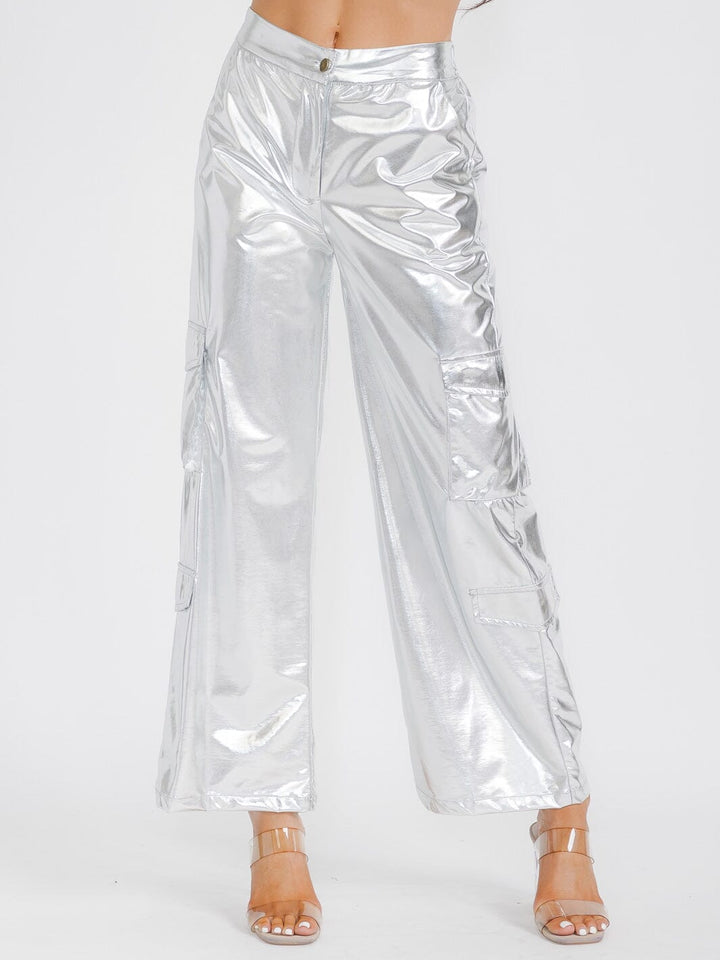 WOMEN'S BUTTON CLOSURE CARGO POCKETS METALLIC WIDE LEG PANTS
