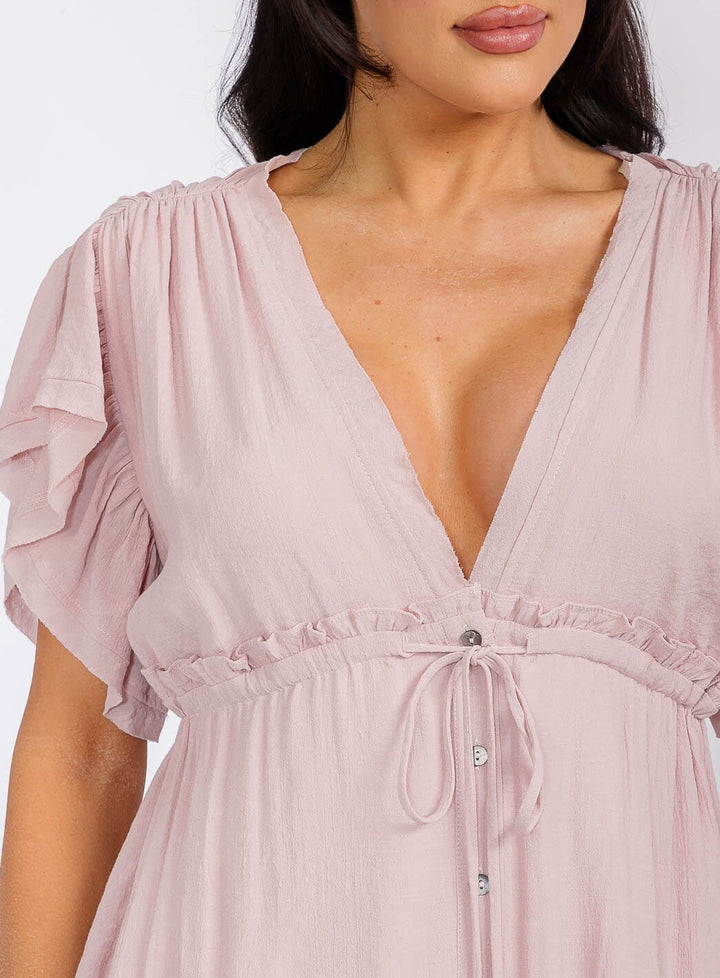 WOMEN'S SHORT SLEEVES V-NECK BUTTON UP TUNIC MINI DRESS