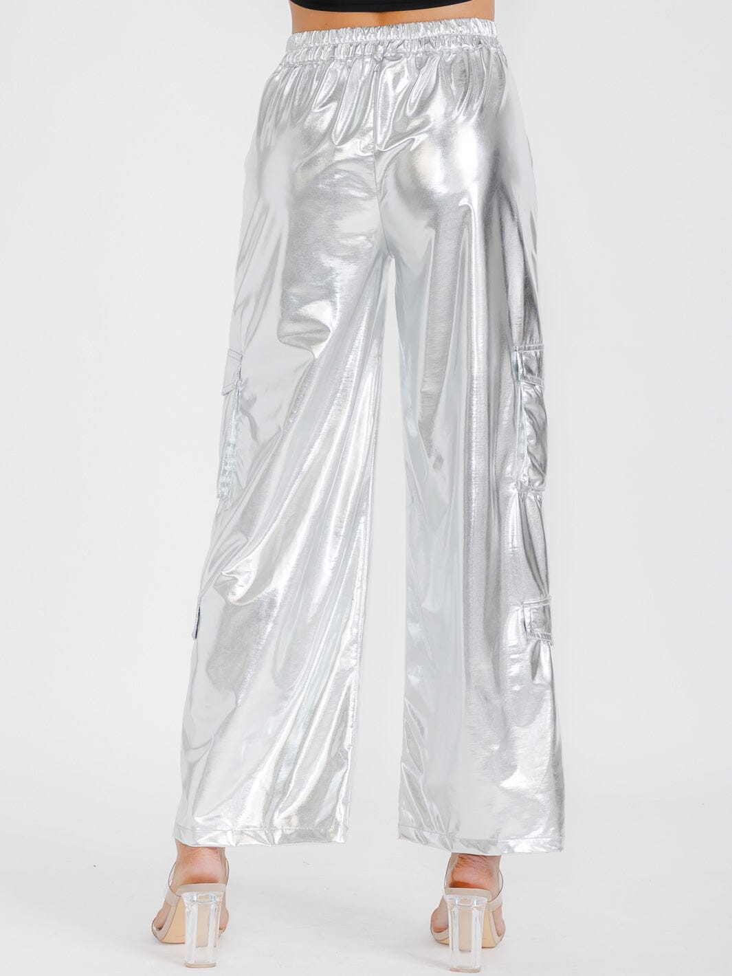 WOMEN'S BUTTON CLOSURE CARGO POCKETS METALLIC WIDE LEG PANTS