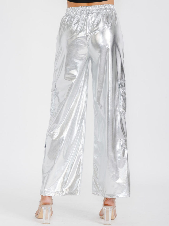 WOMEN'S BUTTON CLOSURE CARGO POCKETS METALLIC WIDE LEG PANTS