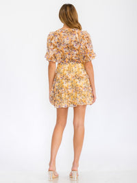 WOMEN'S SHORT SLEEVE V-NECK SELF TIE WAIST FLORAL MINI DRESS
