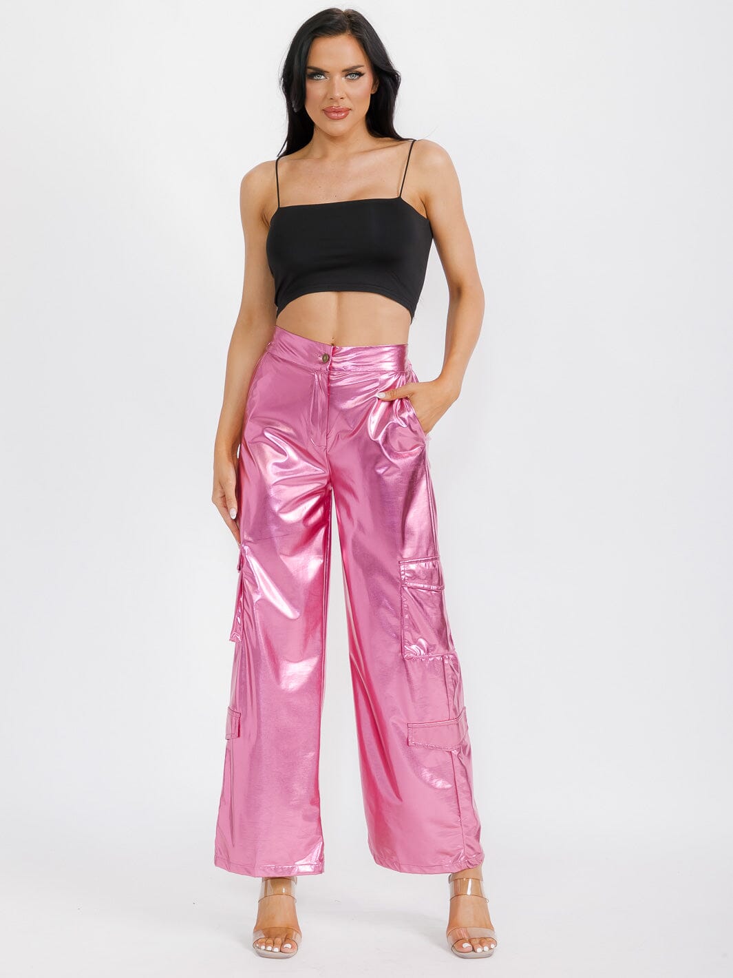 WOMEN'S BUTTON CLOSURE CARGO POCKETS METALLIC WIDE LEG PANTS