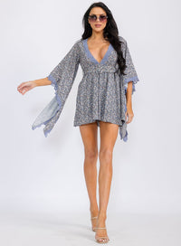 WOMEN'S SHORT BELL SLEEVES V-NECK BELTED FLORAL ROMPER