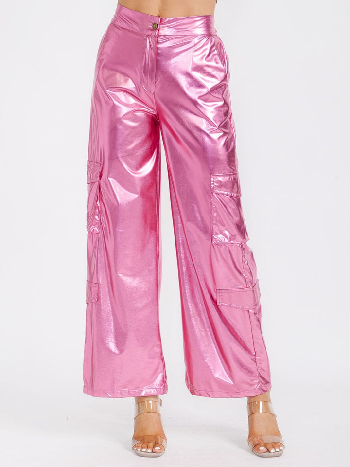 WOMEN'S BUTTON CLOSURE CARGO POCKETS METALLIC WIDE LEG PANTS