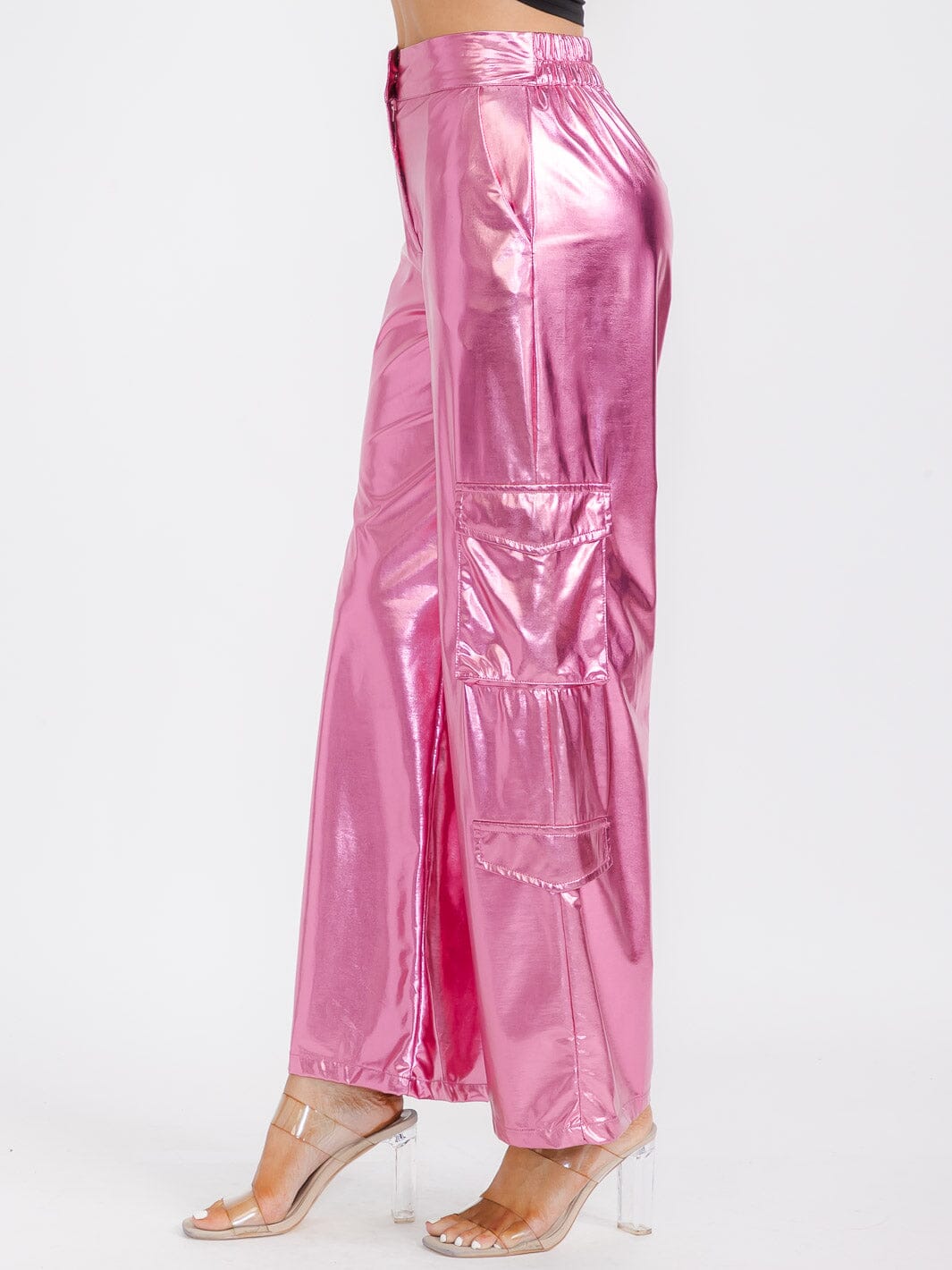 WOMEN'S BUTTON CLOSURE CARGO POCKETS METALLIC WIDE LEG PANTS