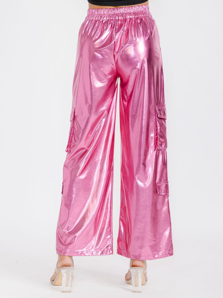 WOMEN'S BUTTON CLOSURE CARGO POCKETS METALLIC WIDE LEG PANTS