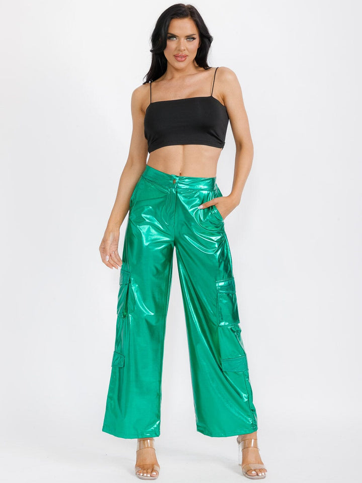 WOMEN'S BUTTON CLOSURE CARGO POCKETS METALLIC WIDE LEG PANTS