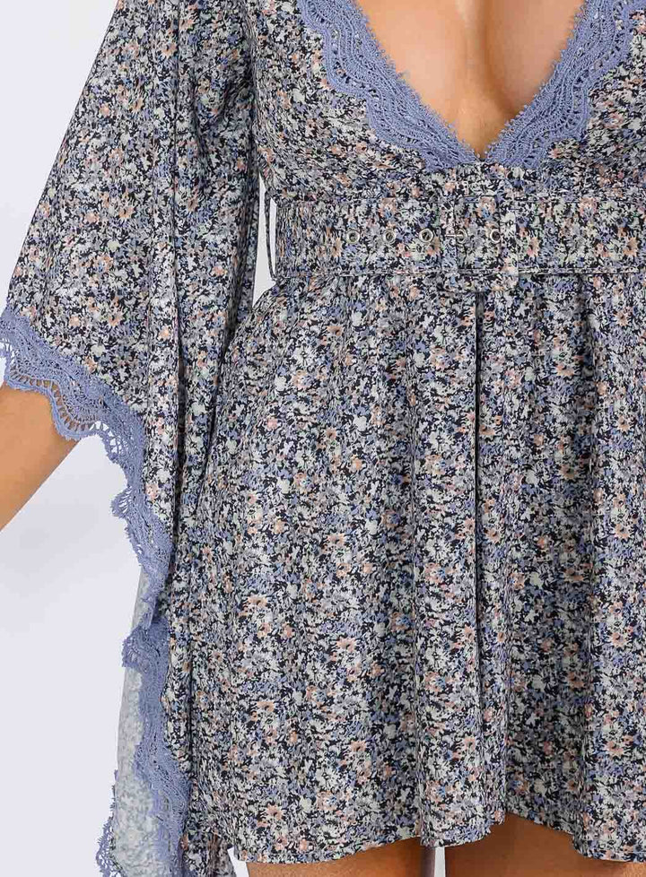 WOMEN'S SHORT BELL SLEEVES V-NECK BELTED FLORAL ROMPER