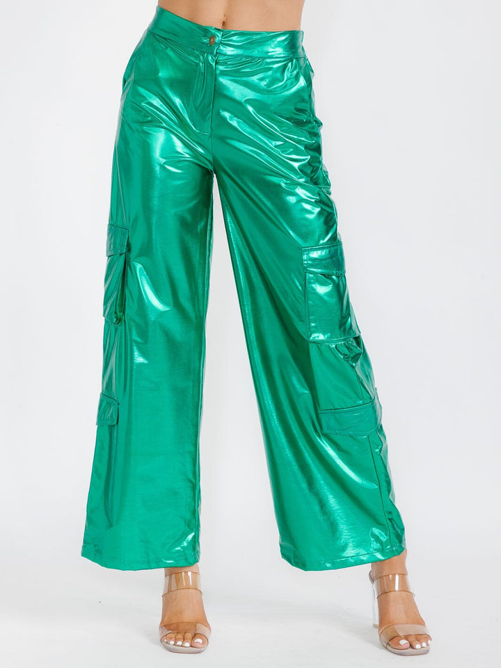 WOMEN'S BUTTON CLOSURE CARGO POCKETS METALLIC WIDE LEG PANTS