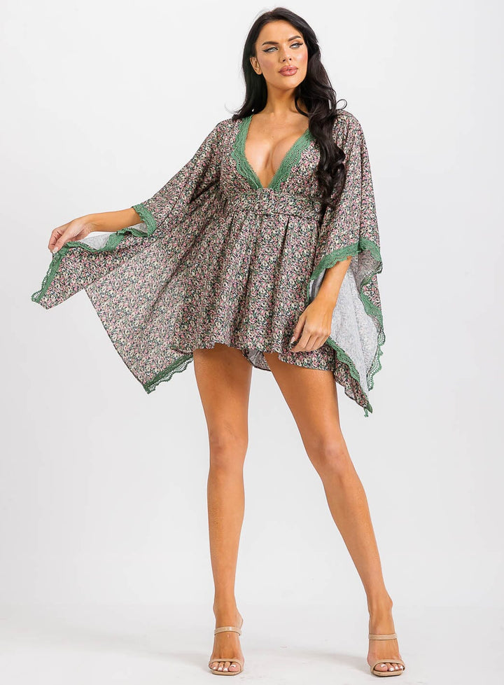 WOMEN'S SHORT BELL SLEEVES V-NECK BELTED FLORAL ROMPER