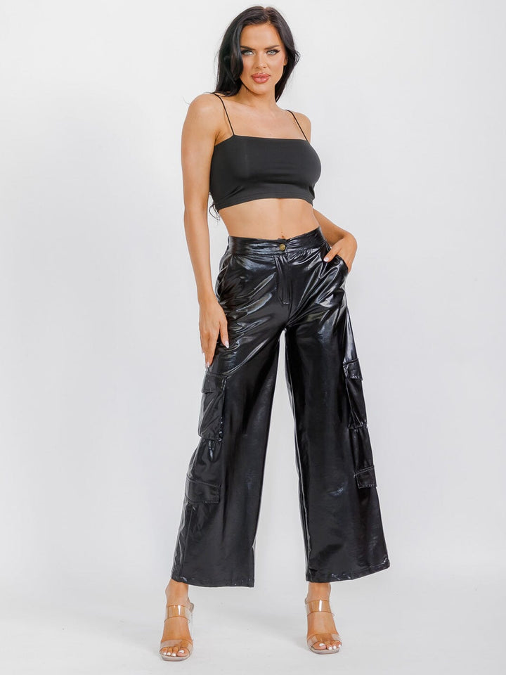 WOMEN'S BUTTON CLOSURE CARGO POCKETS METALLIC WIDE LEG PANTS
