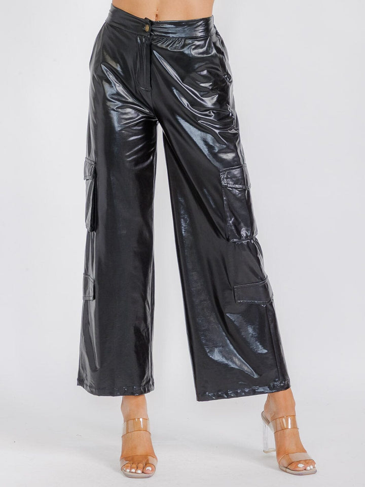 WOMEN'S BUTTON CLOSURE CARGO POCKETS METALLIC WIDE LEG PANTS