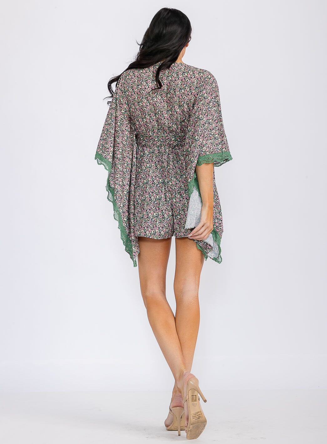 WOMEN'S SHORT BELL SLEEVES V-NECK BELTED FLORAL ROMPER