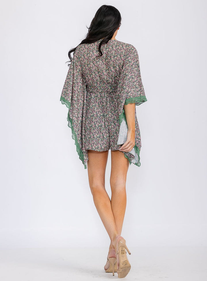 WOMEN'S SHORT BELL SLEEVES V-NECK BELTED FLORAL ROMPER