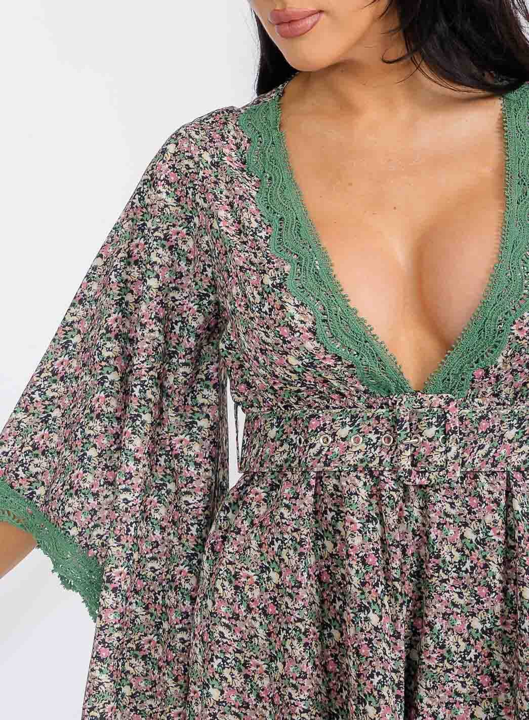 WOMEN'S SHORT BELL SLEEVES V-NECK BELTED FLORAL ROMPER