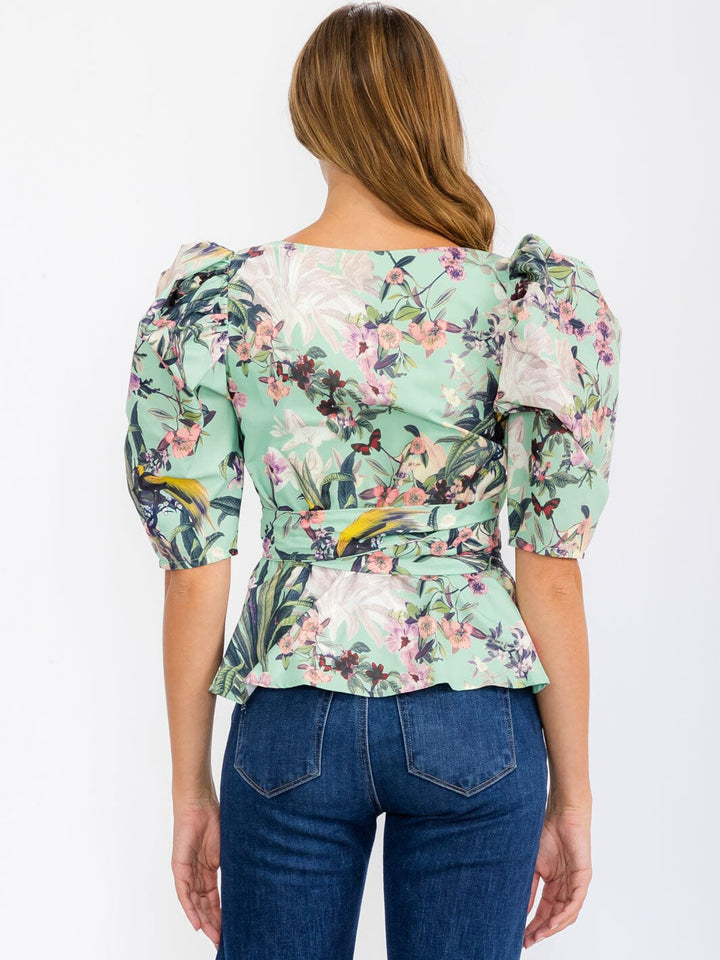 WOMEN'S SHORT PUFF SLEEVE WRAP FLORAL BLOUSE TOP