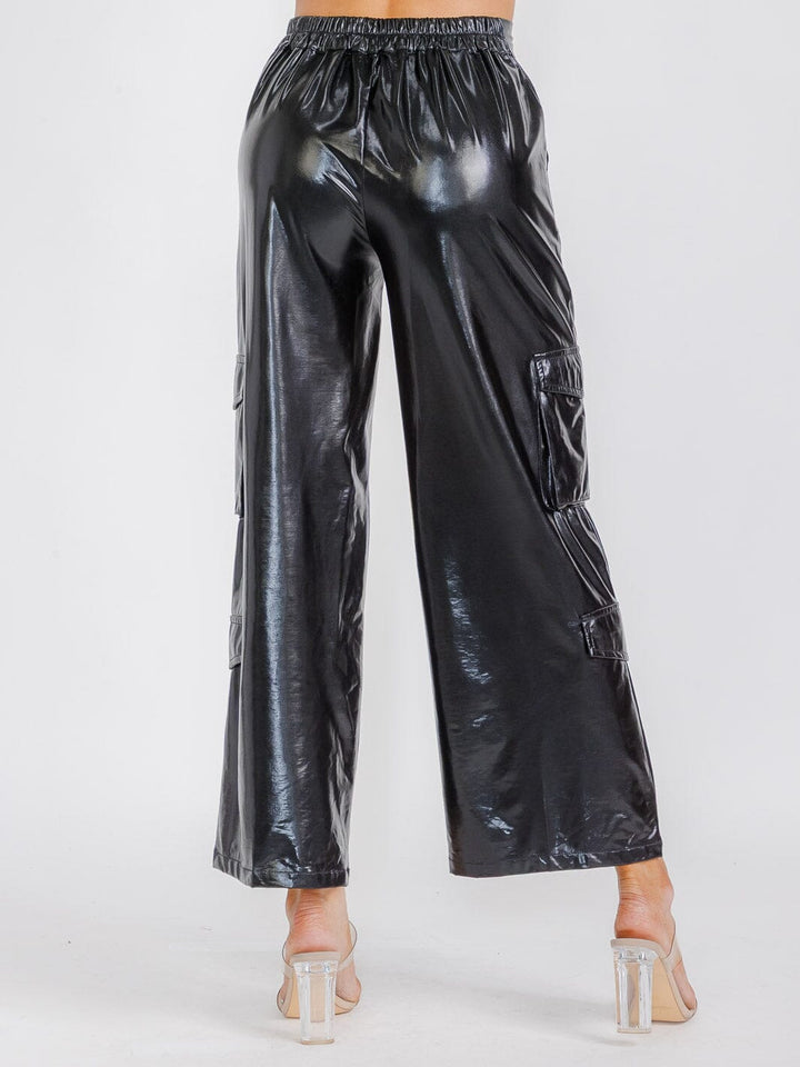WOMEN'S BUTTON CLOSURE CARGO POCKETS METALLIC WIDE LEG PANTS