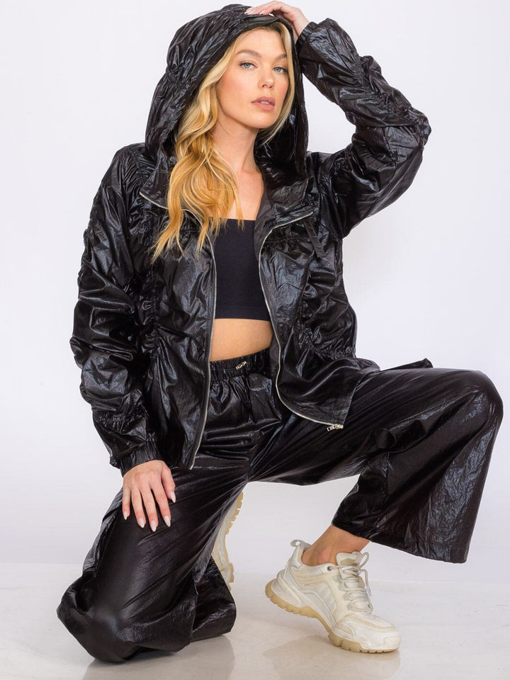 WOMEN'S LONG SLEEVE JACKET & WIDE LEG PANTS METALLIC RUCHED 2PC. SET