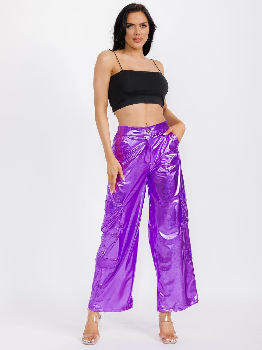 WOMEN'S BUTTON CLOSURE CARGO POCKETS METALLIC WIDE LEG PANTS