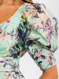 WOMEN'S SHORT PUFF SLEEVE WRAP FLORAL BLOUSE TOP