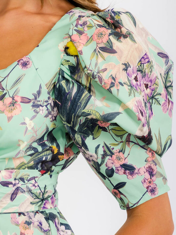 WOMEN'S SHORT PUFF SLEEVE WRAP FLORAL BLOUSE TOP