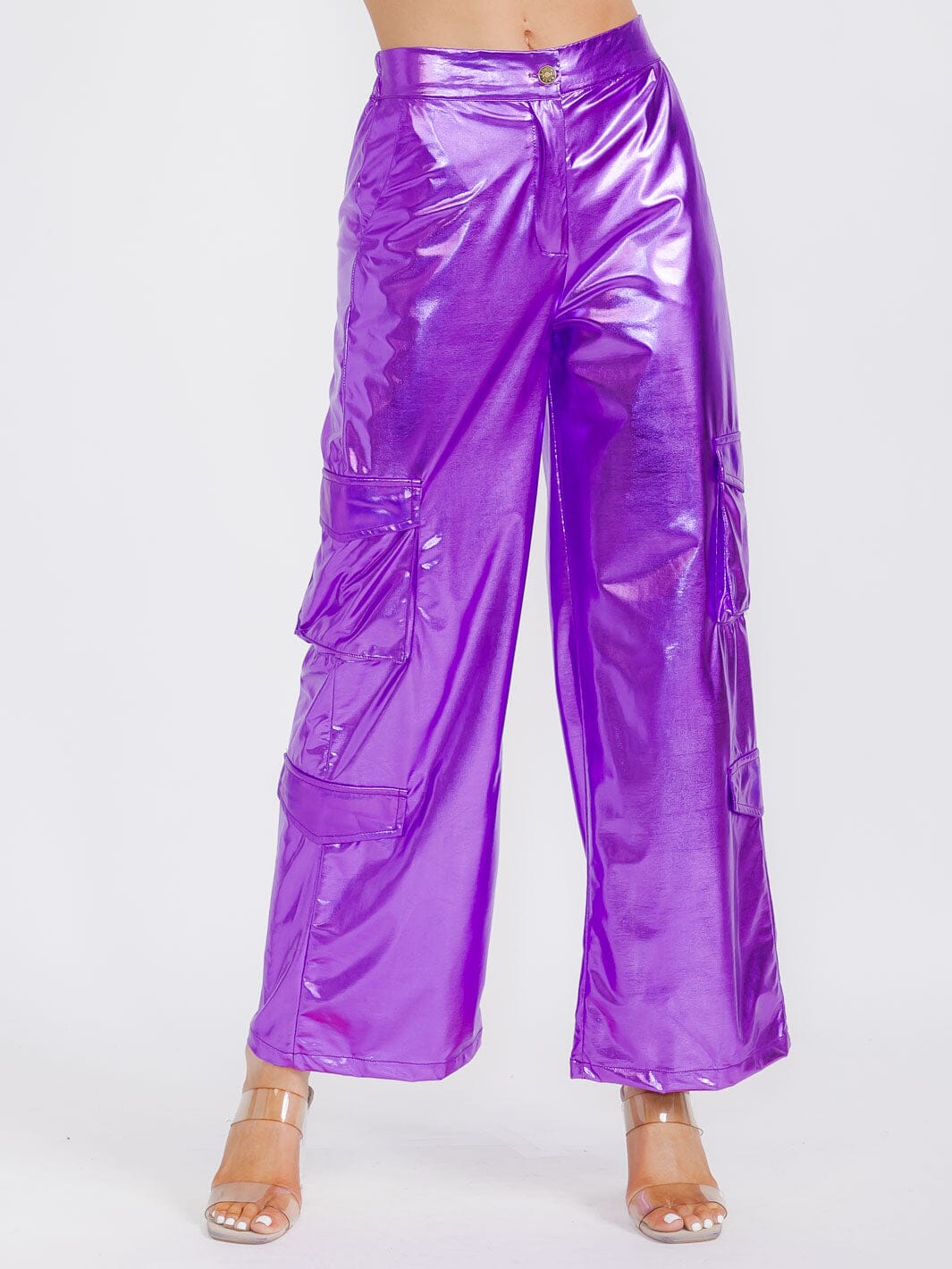 WOMEN'S BUTTON CLOSURE CARGO POCKETS METALLIC WIDE LEG PANTS