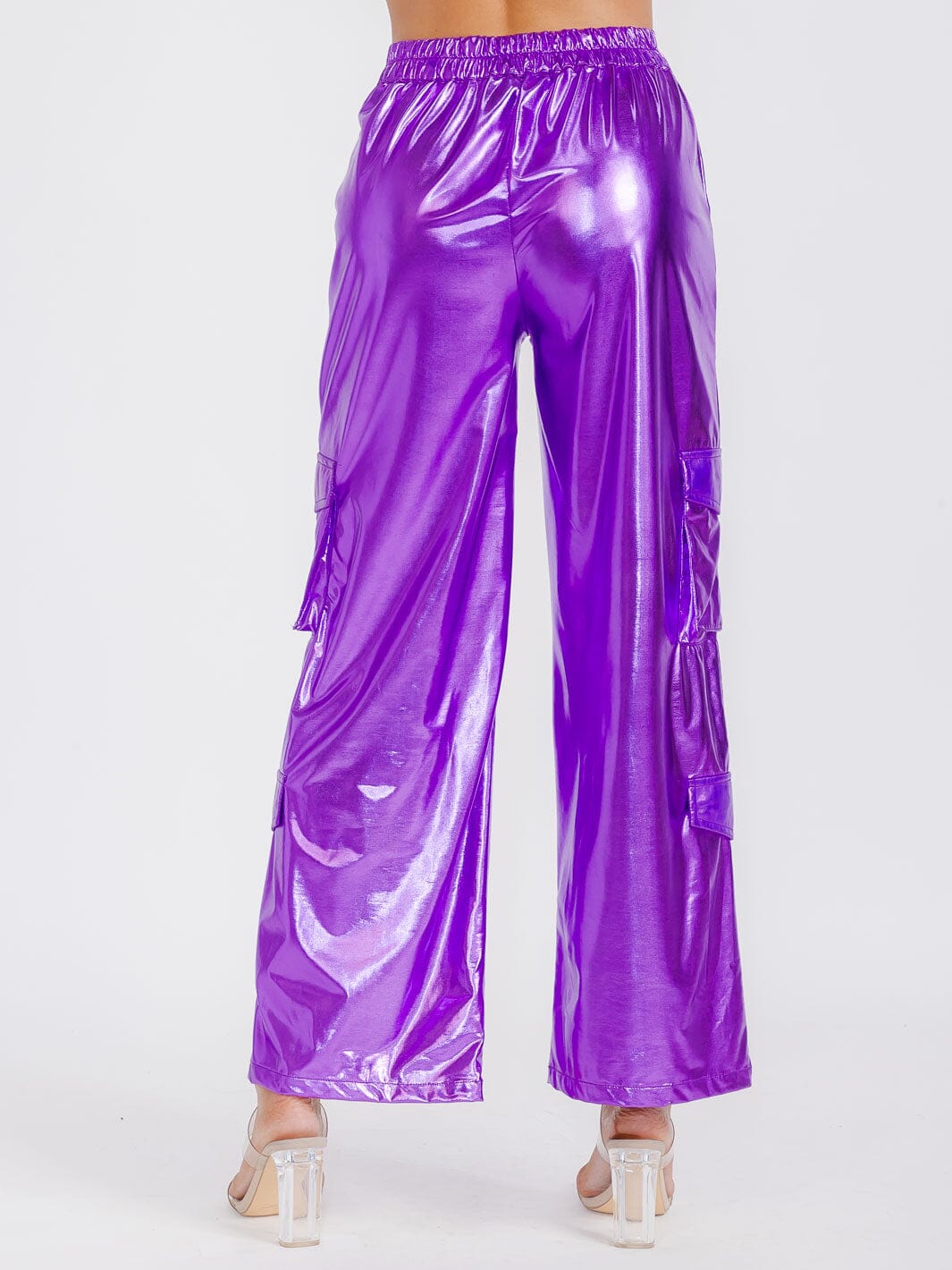 WOMEN'S BUTTON CLOSURE CARGO POCKETS METALLIC WIDE LEG PANTS