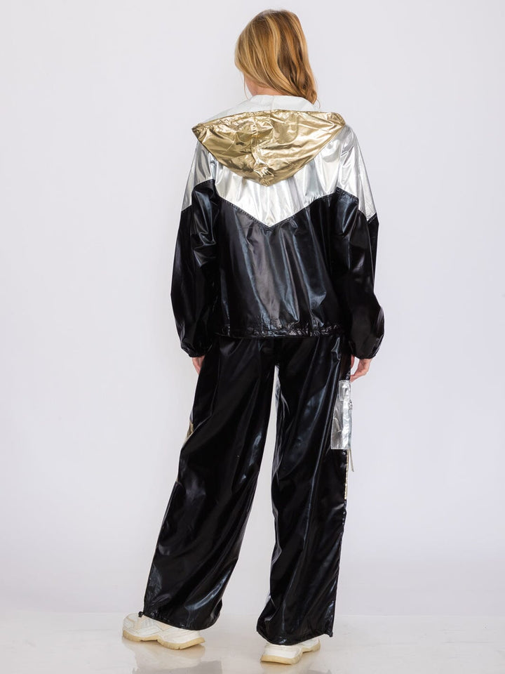 WOMEN'S LONG SLEEVE JACKET & WIDE LEG PANTS METALLIC COLORBLOCK 2PC. SET