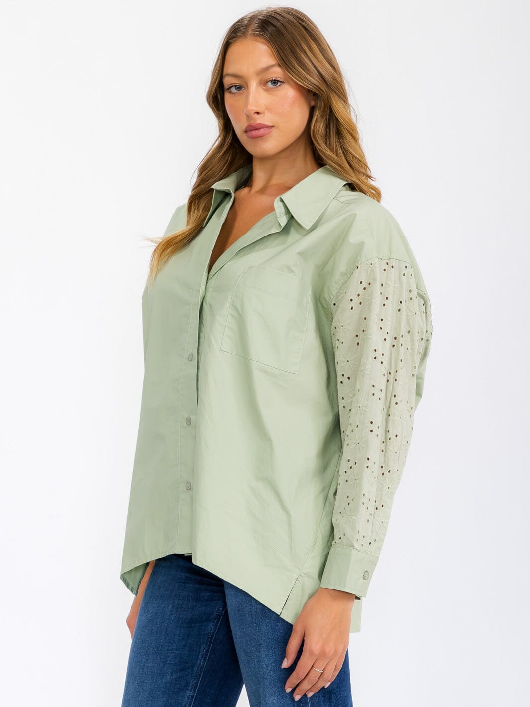 WOMEN'S LONG SLEEVE BUTTON UP EYELET DETAILED BLOUSE TOP