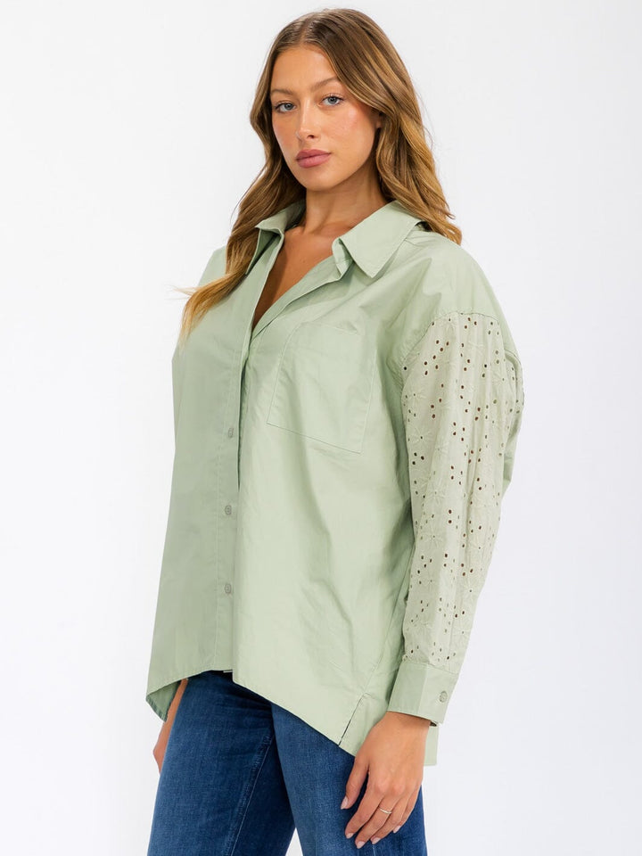WOMEN'S LONG SLEEVE BUTTON UP EYELET DETAILED BLOUSE TOP