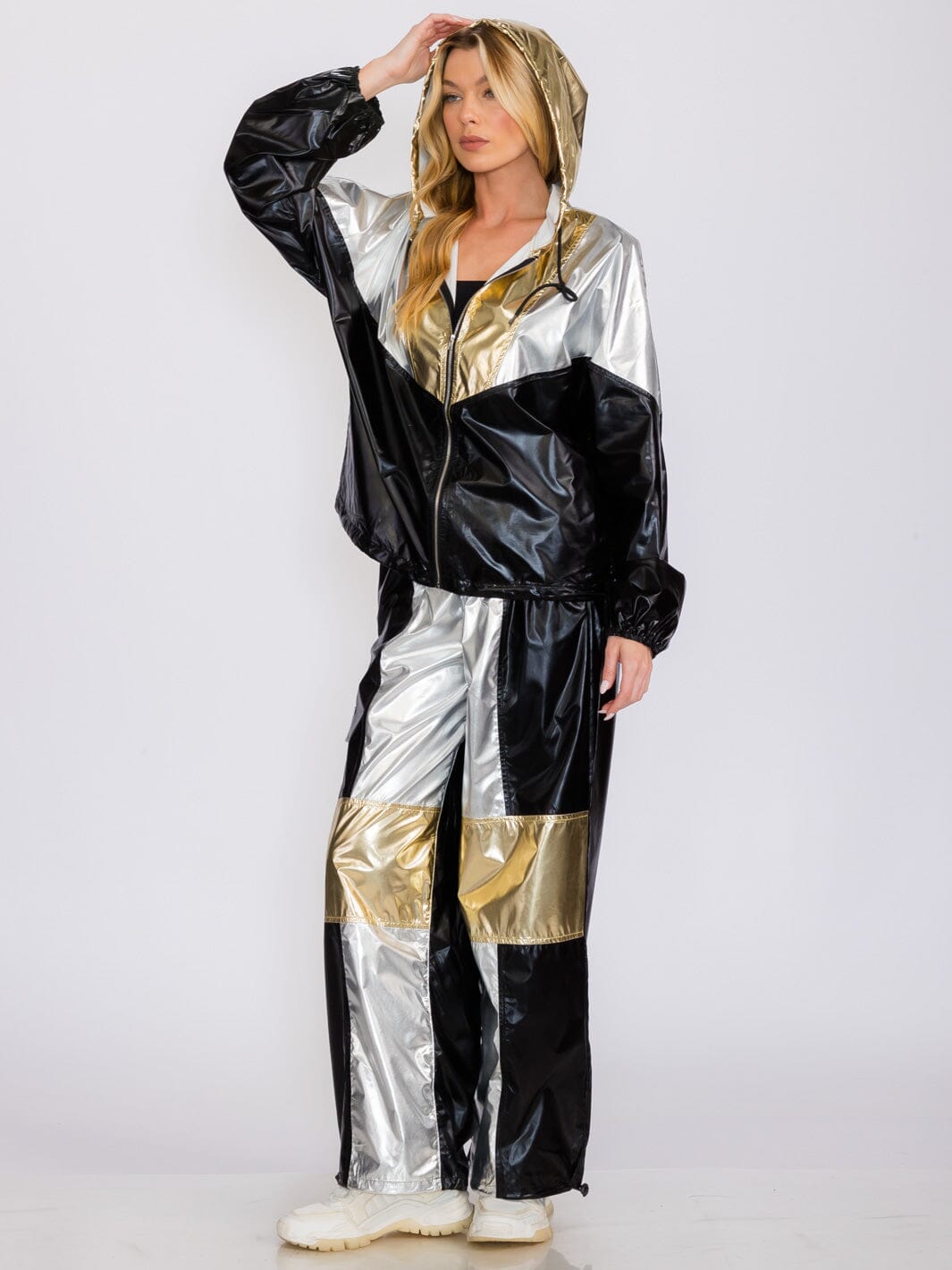 WOMEN'S LONG SLEEVE JACKET & WIDE LEG PANTS METALLIC COLORBLOCK 2PC. SET
