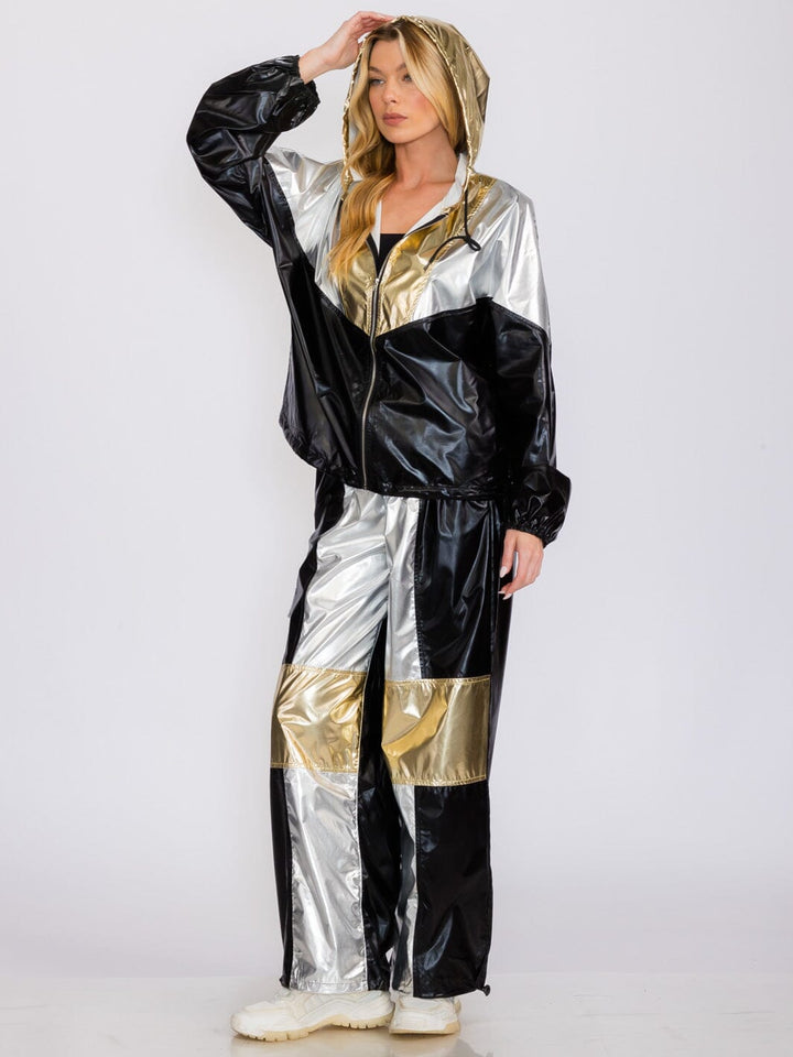 WOMEN'S LONG SLEEVE JACKET & WIDE LEG PANTS METALLIC COLORBLOCK 2PC. SET