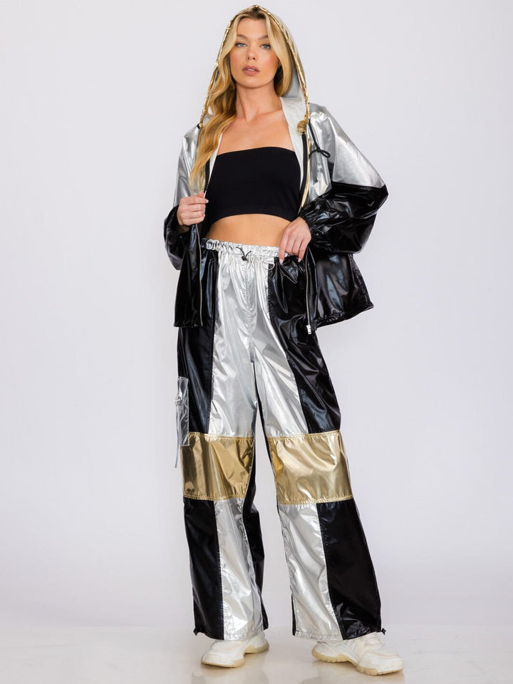 WOMEN'S LONG SLEEVE JACKET & WIDE LEG PANTS METALLIC COLORBLOCK 2PC. SET