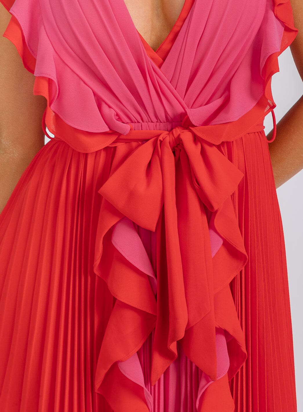 WOMEN'S SLEEVELESS SURPLICE SELF TIE RUFFLE PLEATED MINI DRESS