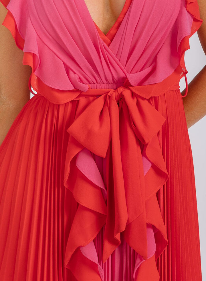 WOMEN'S SLEEVELESS SURPLICE SELF TIE RUFFLE PLEATED MINI DRESS