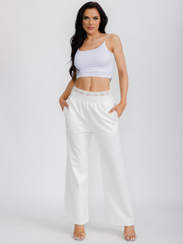WOMEN'S ELASTIC LACE WAIST POCKETS WIDE LEG PANTS